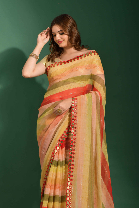 Malishka Women's Red Laheriya Printed, Zari Work & Lace Boarder Chiffon Saree With Unstitched Blouse - Distacart