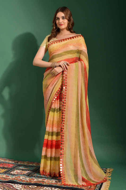 Malishka Women's Red Laheriya Printed, Zari Work & Lace Boarder Chiffon Saree With Unstitched Blouse - Distacart