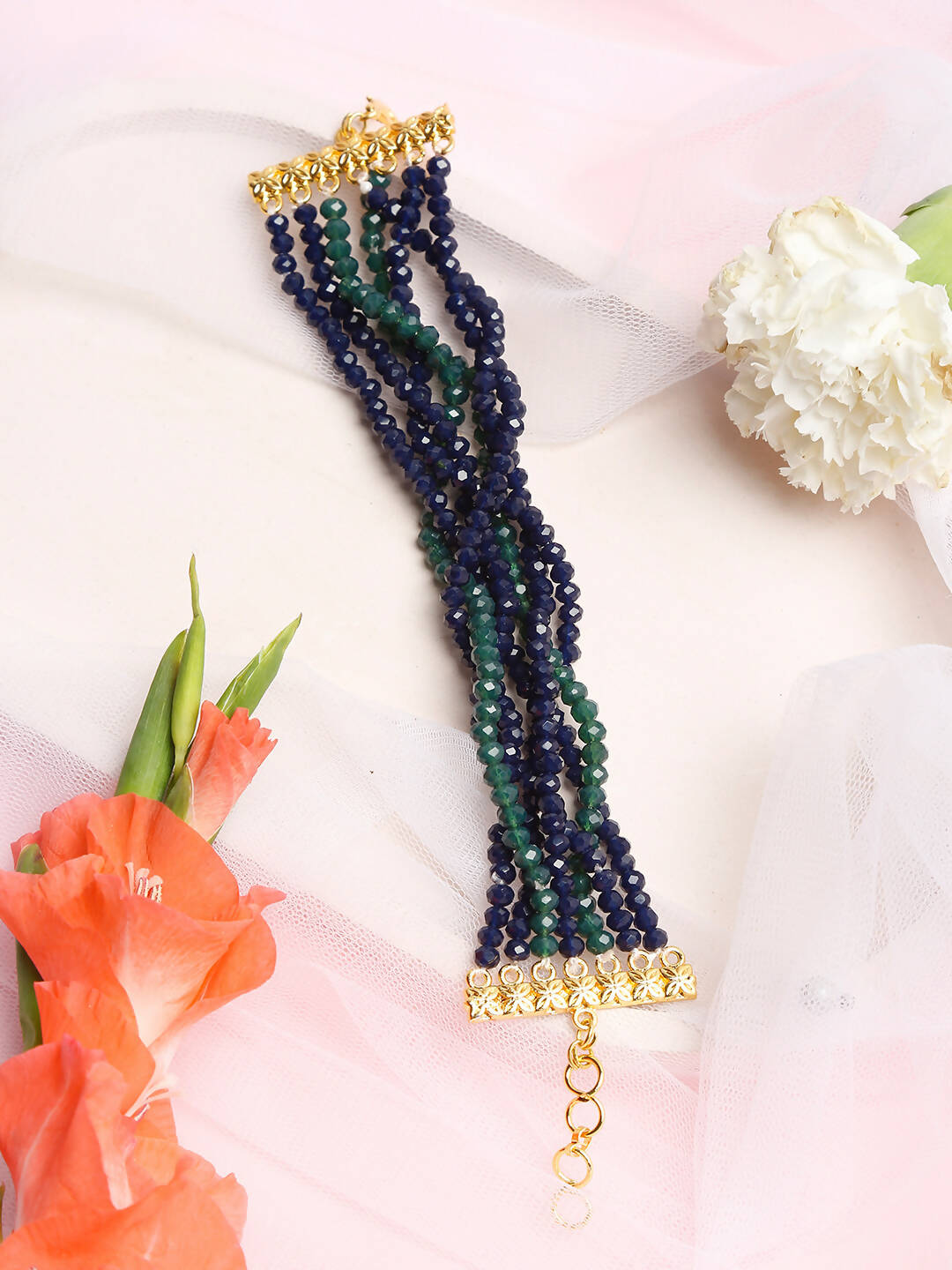 Women's Gold-Toned, Navy Blue Green Onyx Gold-Plated Multistrand Bracelet - Ruby Raang - Distacart