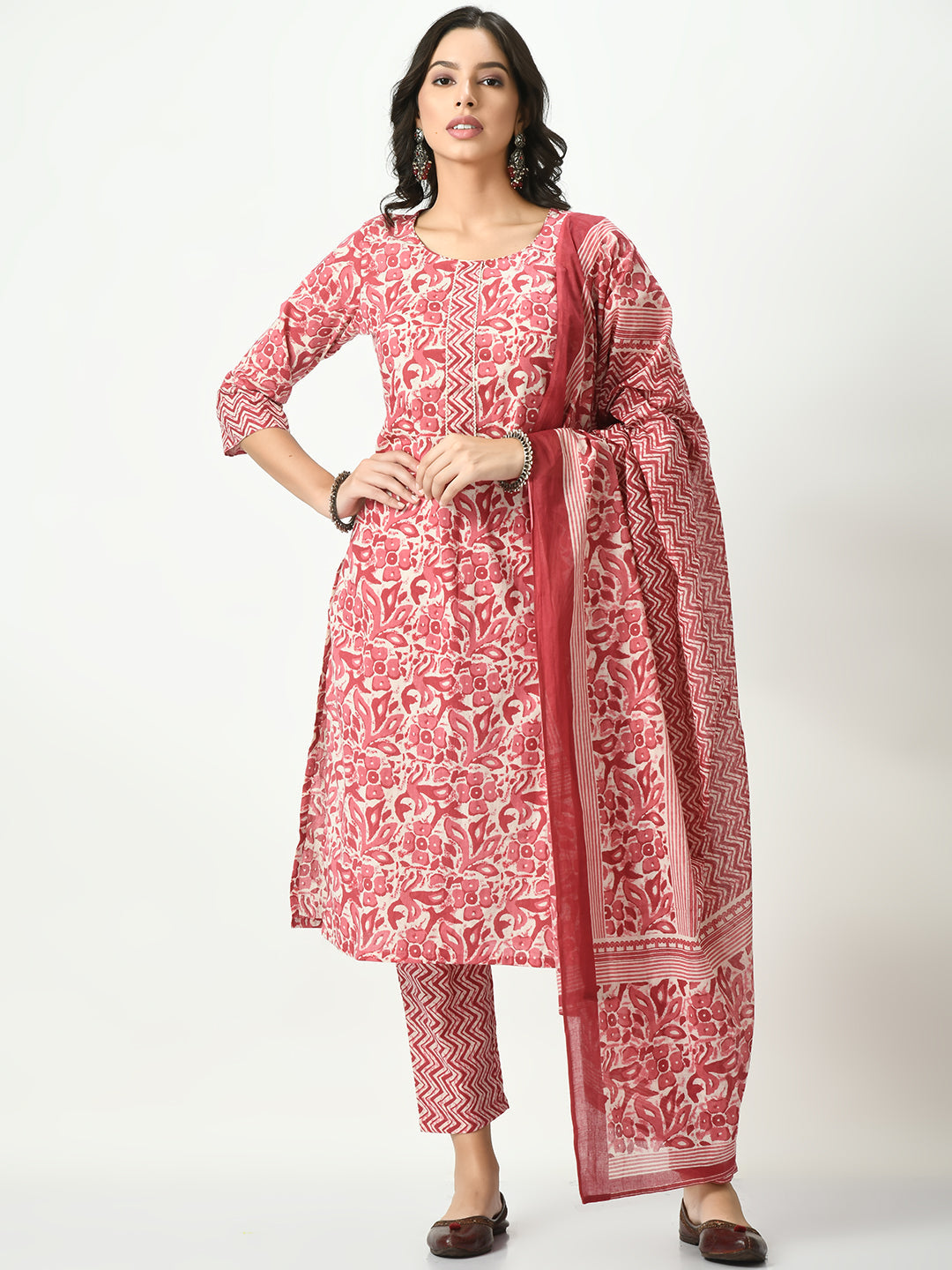 NOZ2TOZ Women's pink Printed Pure Cotton Kurta With Trousers & Dupatta - Distacart
