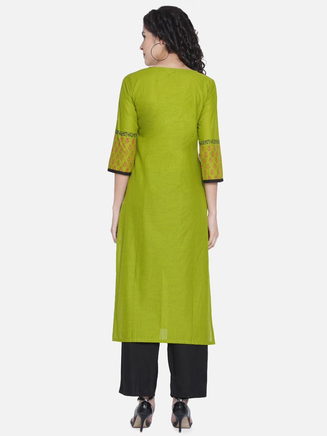 Neon Green Cotton 3/4th Sleeves kurti with beautiful printed sleeves –  Boutique4India