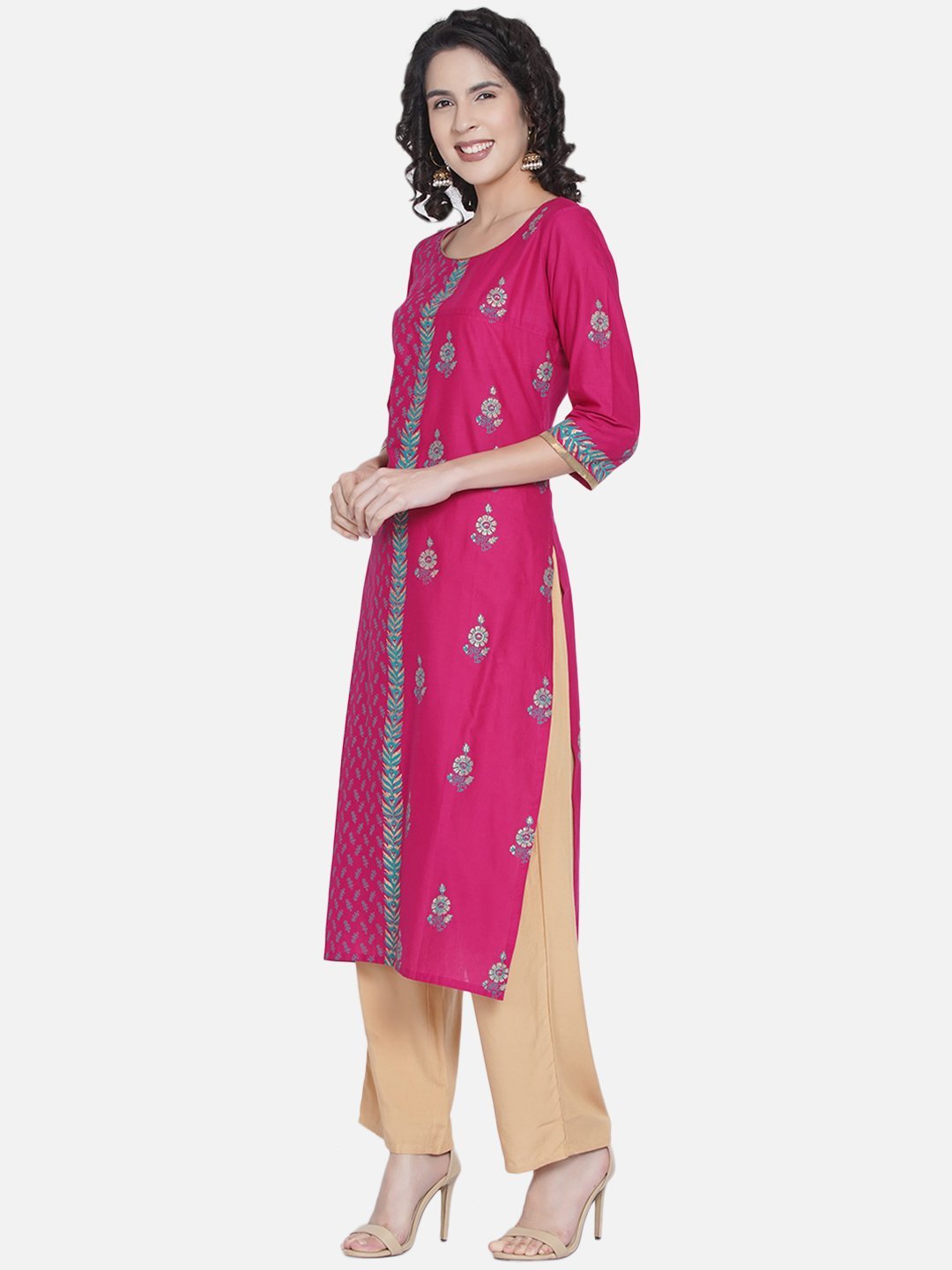 NOZ2TOZ Women's Pink Floral Print Ajrakh Hand Block Cotton Printed Straight Kurta - Distacart