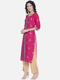 Thumbnail for NOZ2TOZ Women's Pink Floral Print Ajrakh Hand Block Cotton Printed Straight Kurta - Distacart