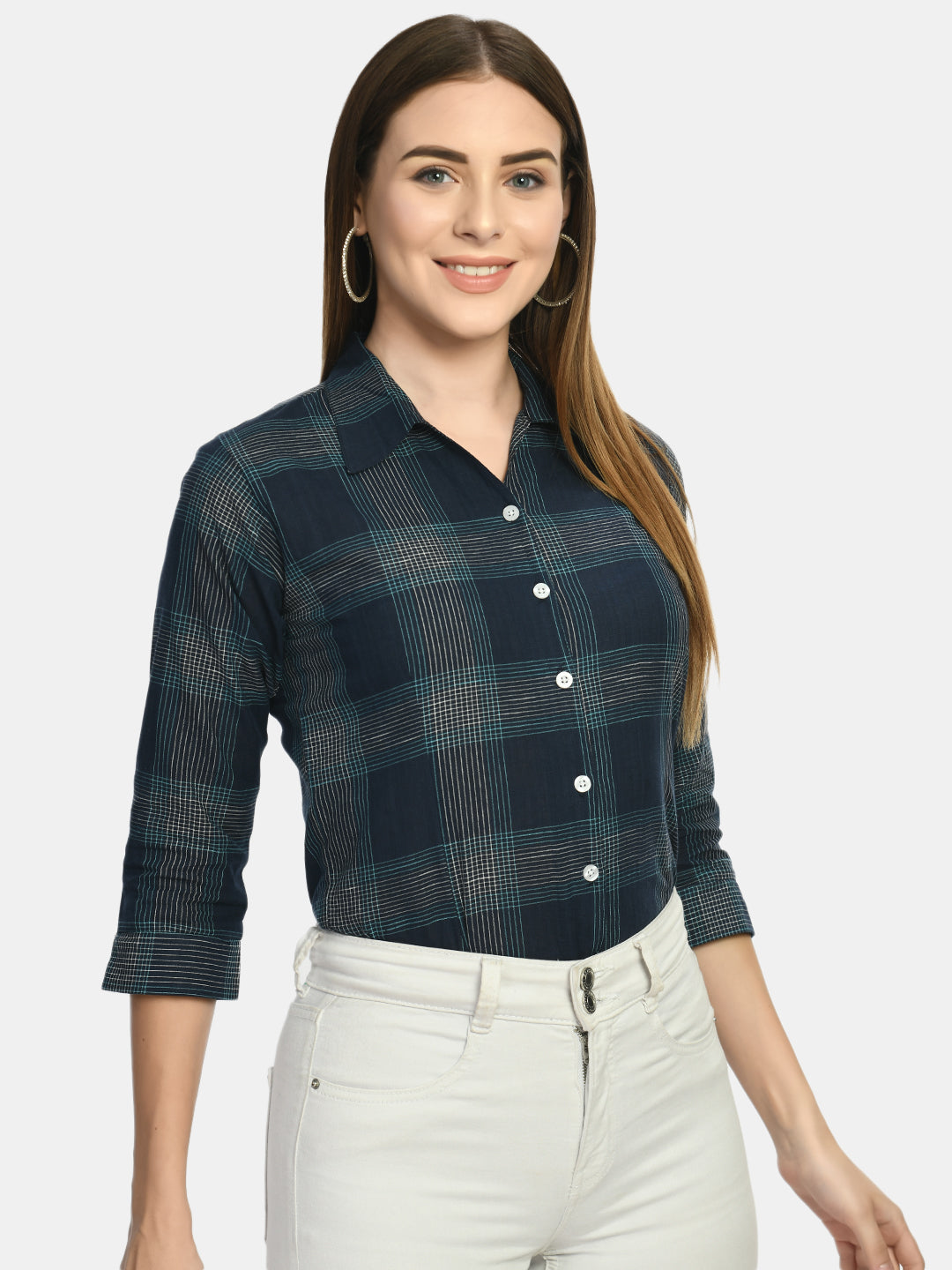 Wahe-NOOR Women's Blue Slim Fit Tartan Checked Casual Shirt - Distacart