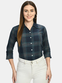 Thumbnail for Wahe-NOOR Women's Blue Slim Fit Tartan Checked Casual Shirt - Distacart