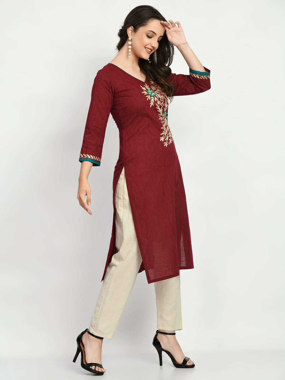 NOZ2TOZ Women's Brown Embroidered Kurta - Distacart