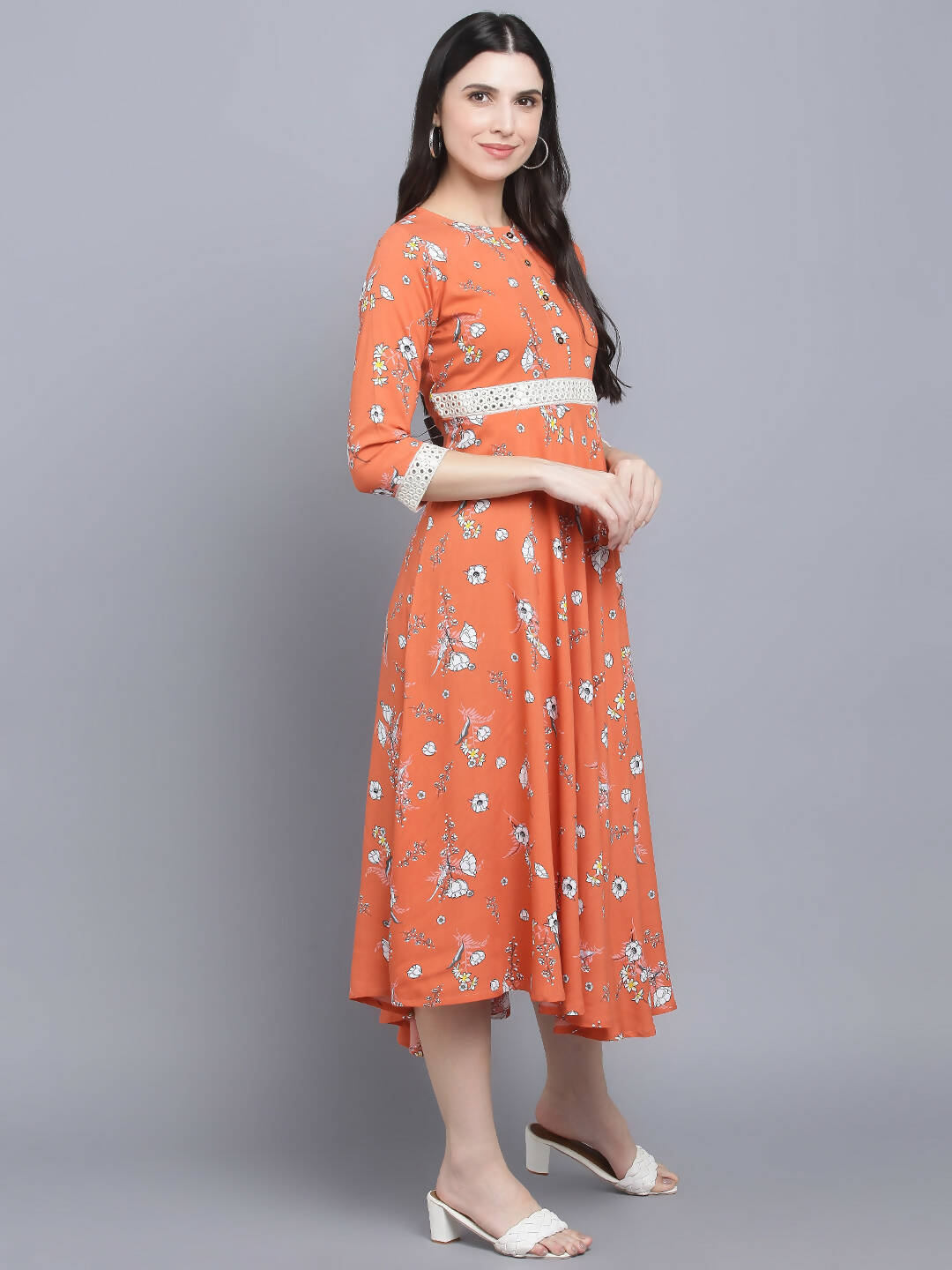 Myshka Women's Orange Floral Midi Dress - Distacart
