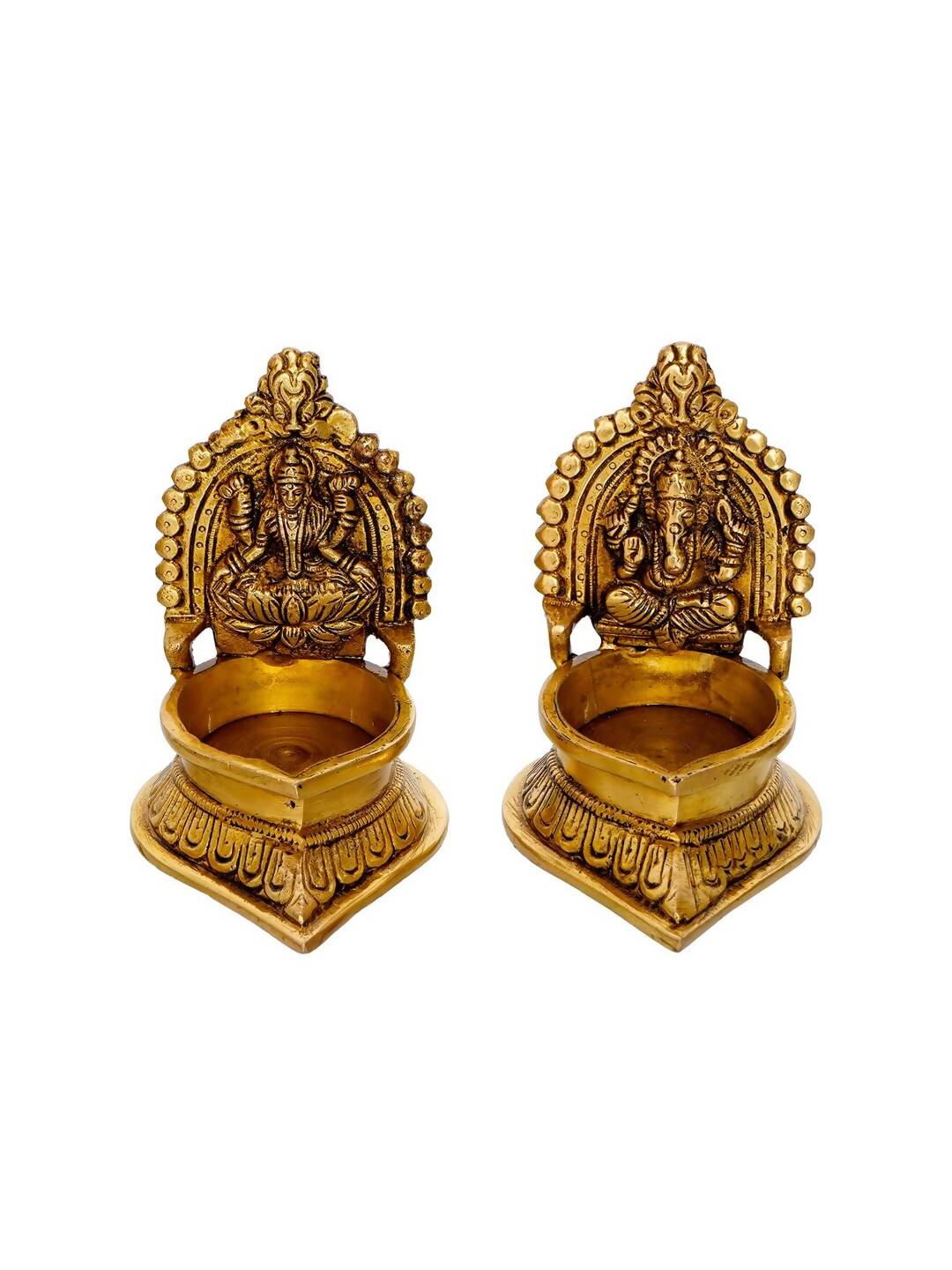 eCraftIndia Set of 2 Gold-Toned Handcrafted Brass Laxmi Ganesha Idol Deepak - Distacart