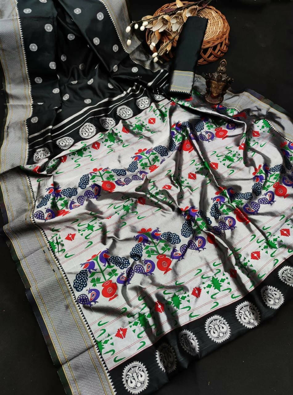 DEIANA'S Beautiful Golden Jari with New Design Soft Lichi Silk Saree - Black - Distacart