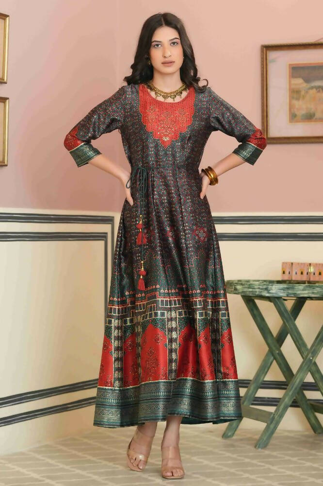 Juniper Green Satin Festive Printed Anarkali Flared Anarkali Kurta For Women - Distacart