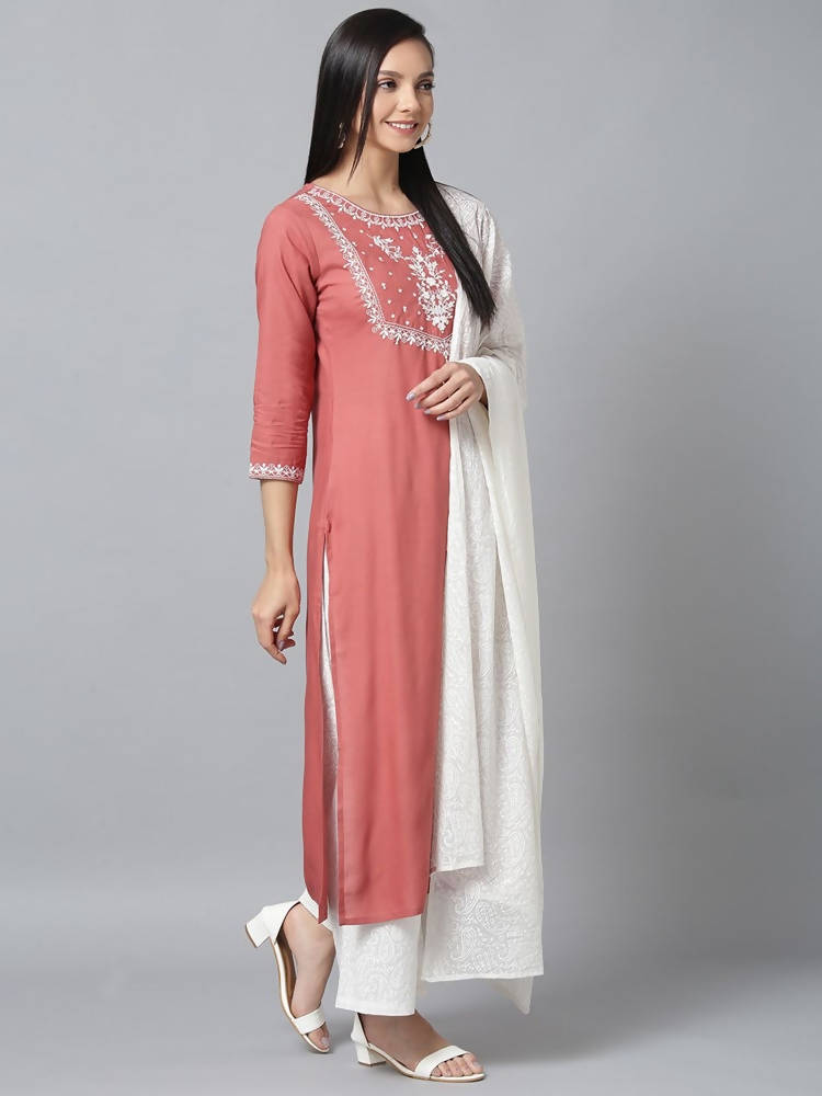 Yufta Women Pink & White Yoke Design Kurta with Palazzo & Dupatta