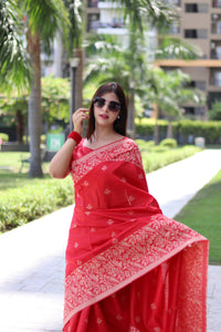 Thumbnail for Aastha Fashion Red Woven Handloom Raw Silk Saree with Blouse - Distacart