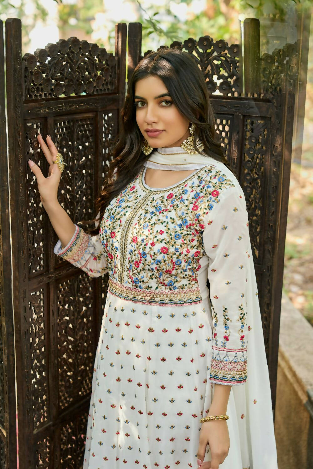 White Heavy Faux Georgette Anarkali Embroidered Kurta Set - Dhvani - Distacart