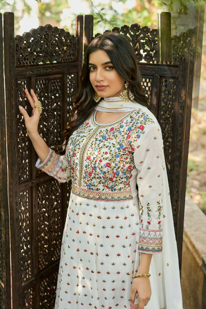White Heavy Faux Georgette Anarkali Embroidered Kurta Set - Dhvani - Distacart