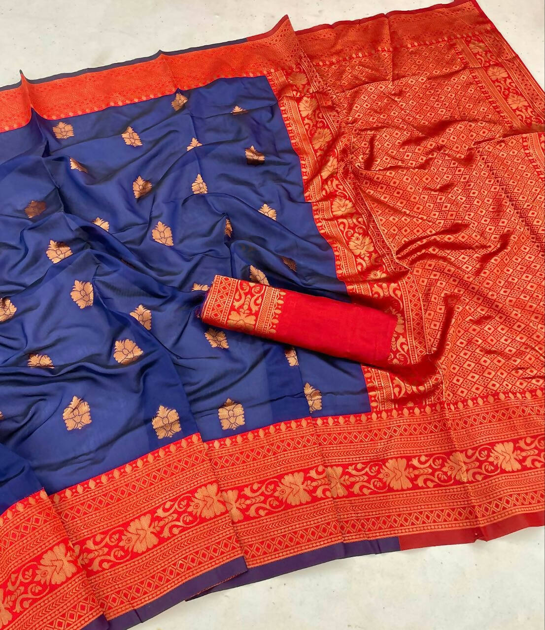 DEIANA'S Beautiful Golden Jari with New Design Soft Lichi Silk Saree - Blue - Distacart