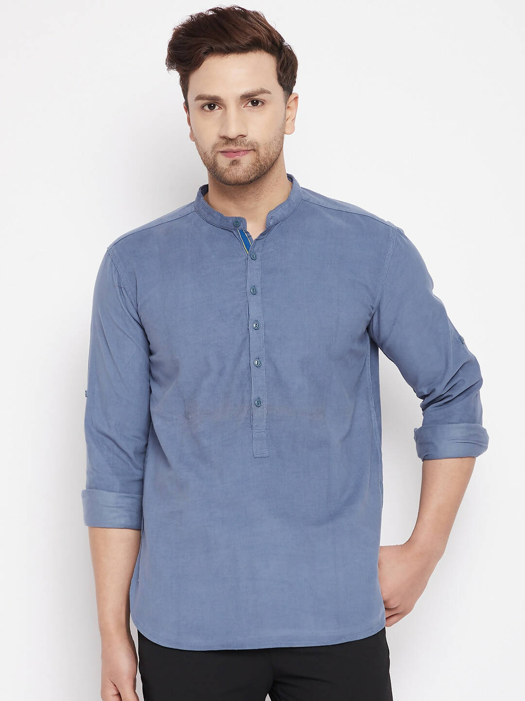 Even Apparels Grey Pure Cotton Short Men's Kurta With Band Collar - Distacart