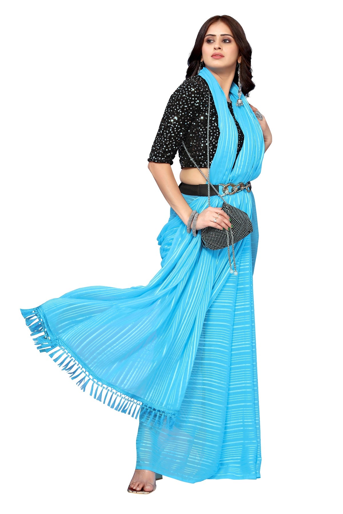 Vamika Georgette Sequence Work Firozi Bollywood Style Saree - Distacart