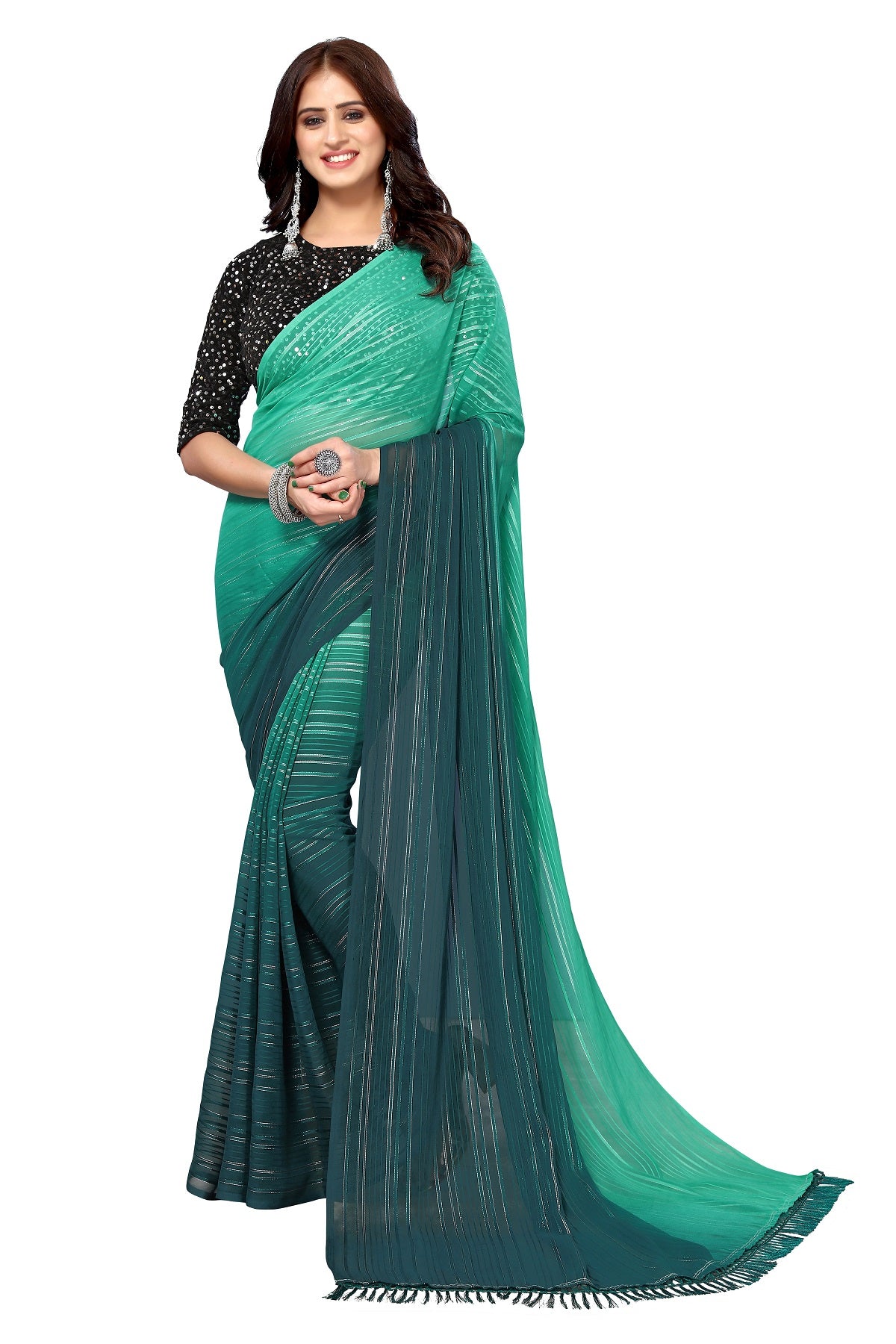 Vamika Georgette Sequence Work Green & Dark Green Bollywood Style Saree - Distacart