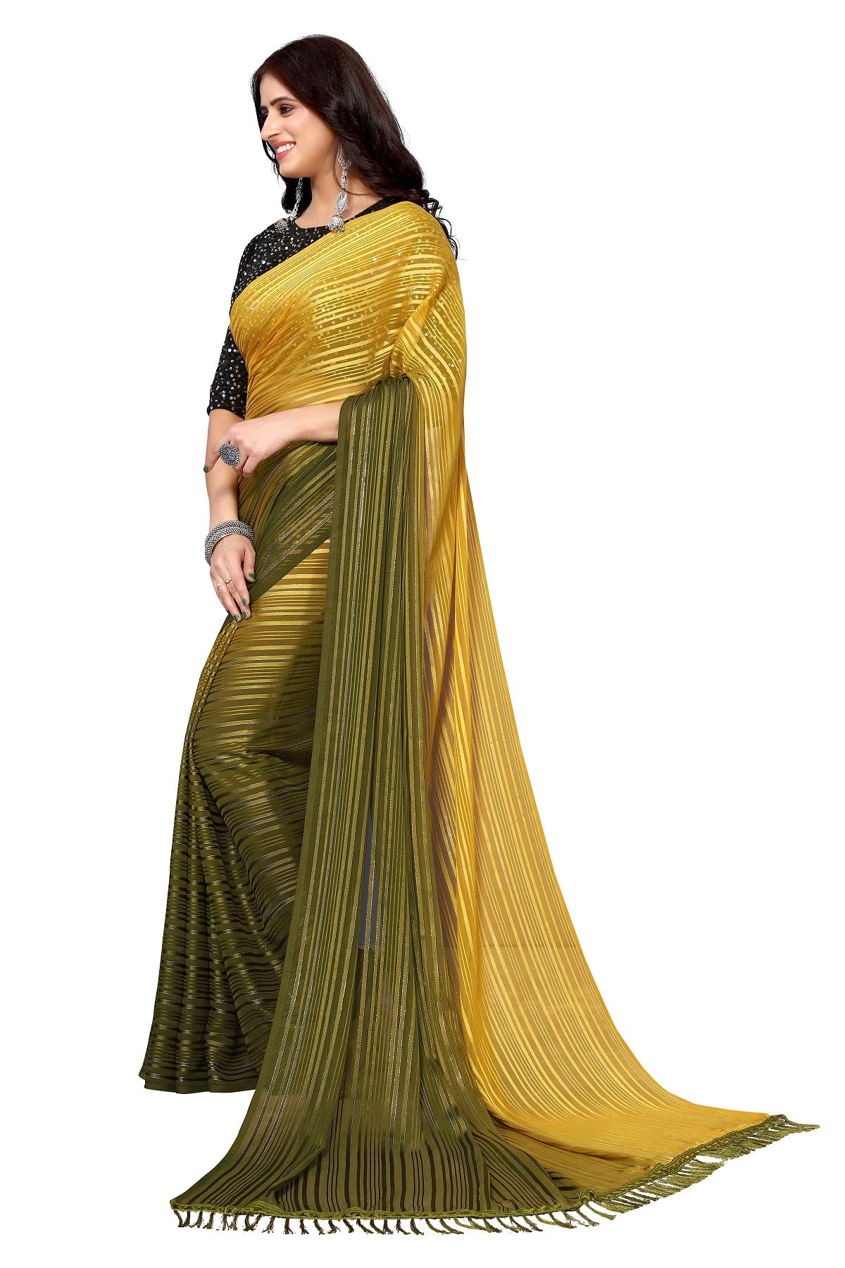 Vamika Georgette Sequence Work Mustard & Mahendi Bollywood Style Saree - Distacart