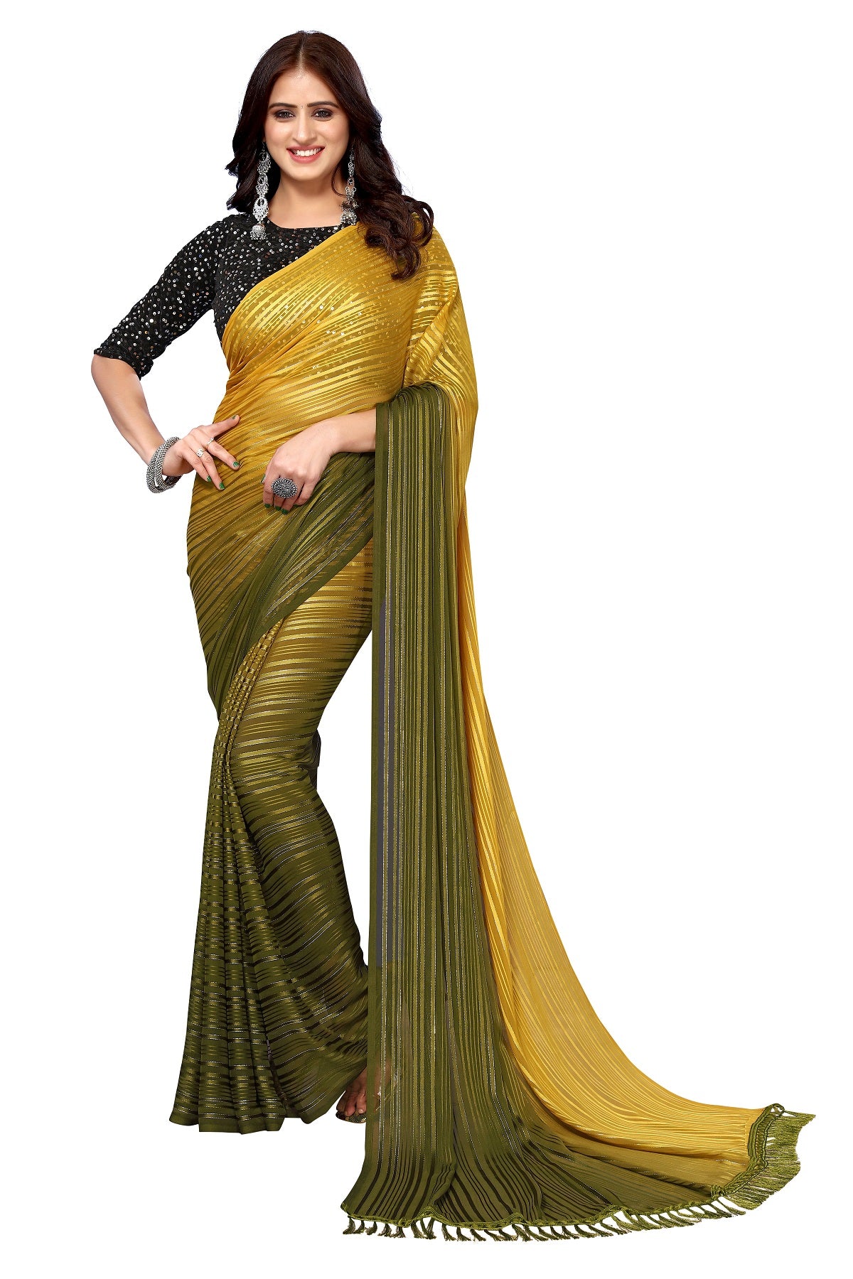 Vamika Georgette Sequence Work Mustard & Mahendi Bollywood Style Saree - Distacart