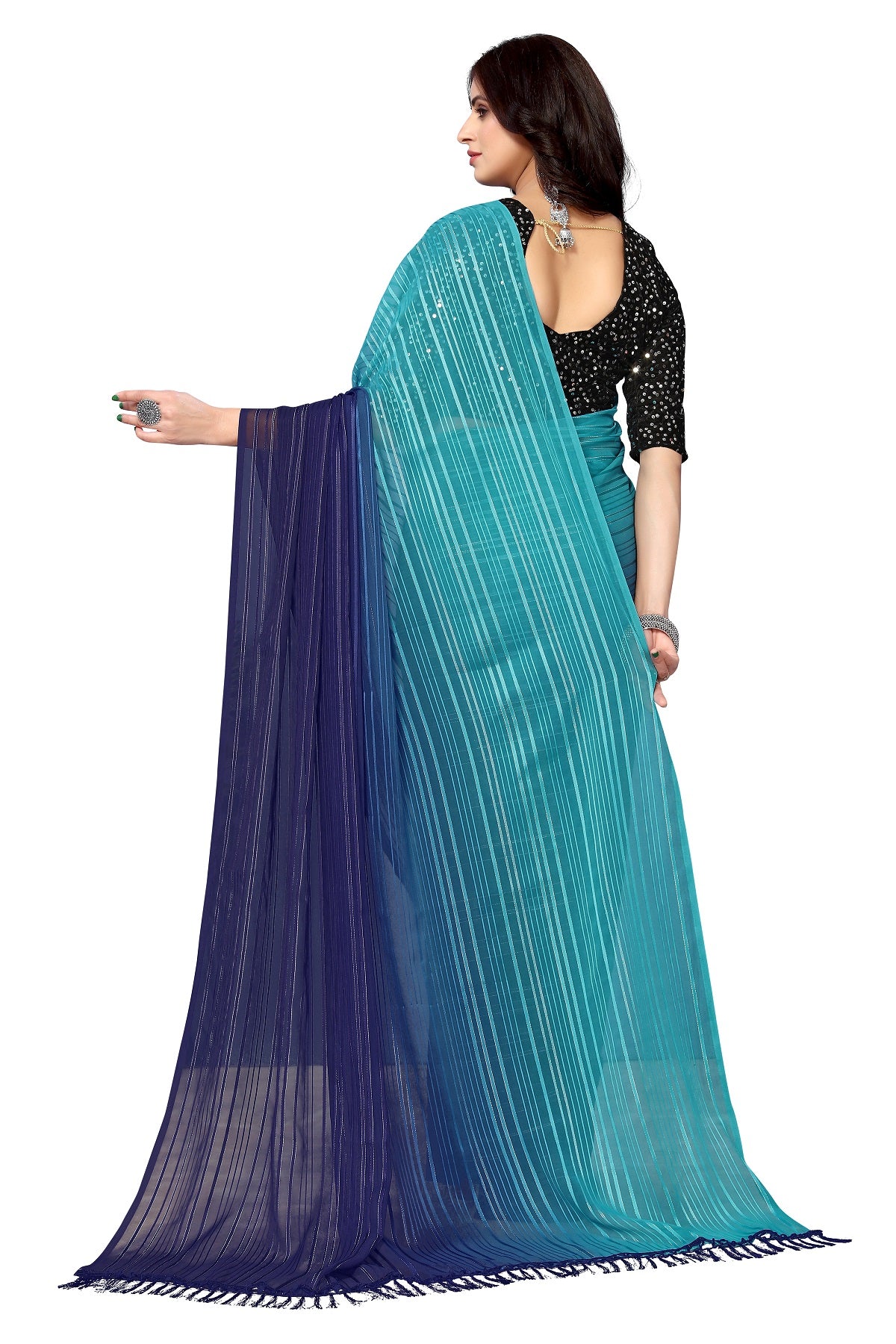 Vamika Georgette Sequence Work Rama & Blue Bollywood Style Saree - Distacart