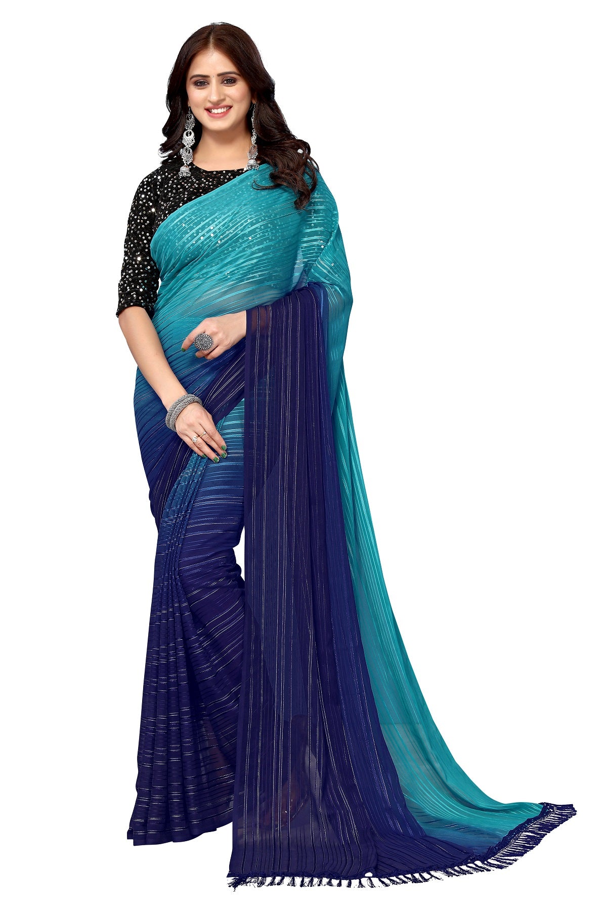 Vamika Georgette Sequence Work Rama & Blue Bollywood Style Saree - Distacart