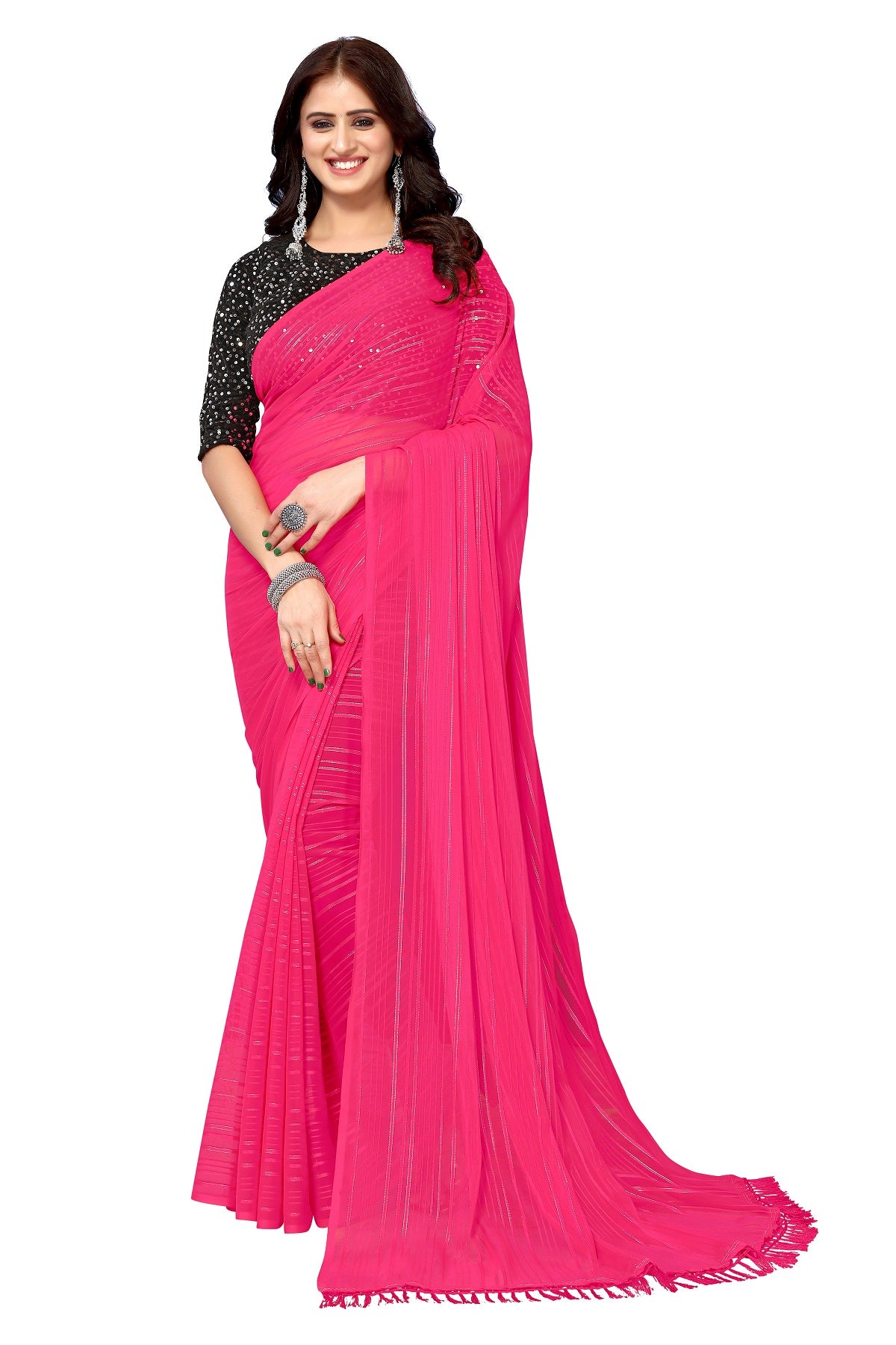Vamika Georgette Sequence Work Hot Pink Bollywood Style Saree - Distacart