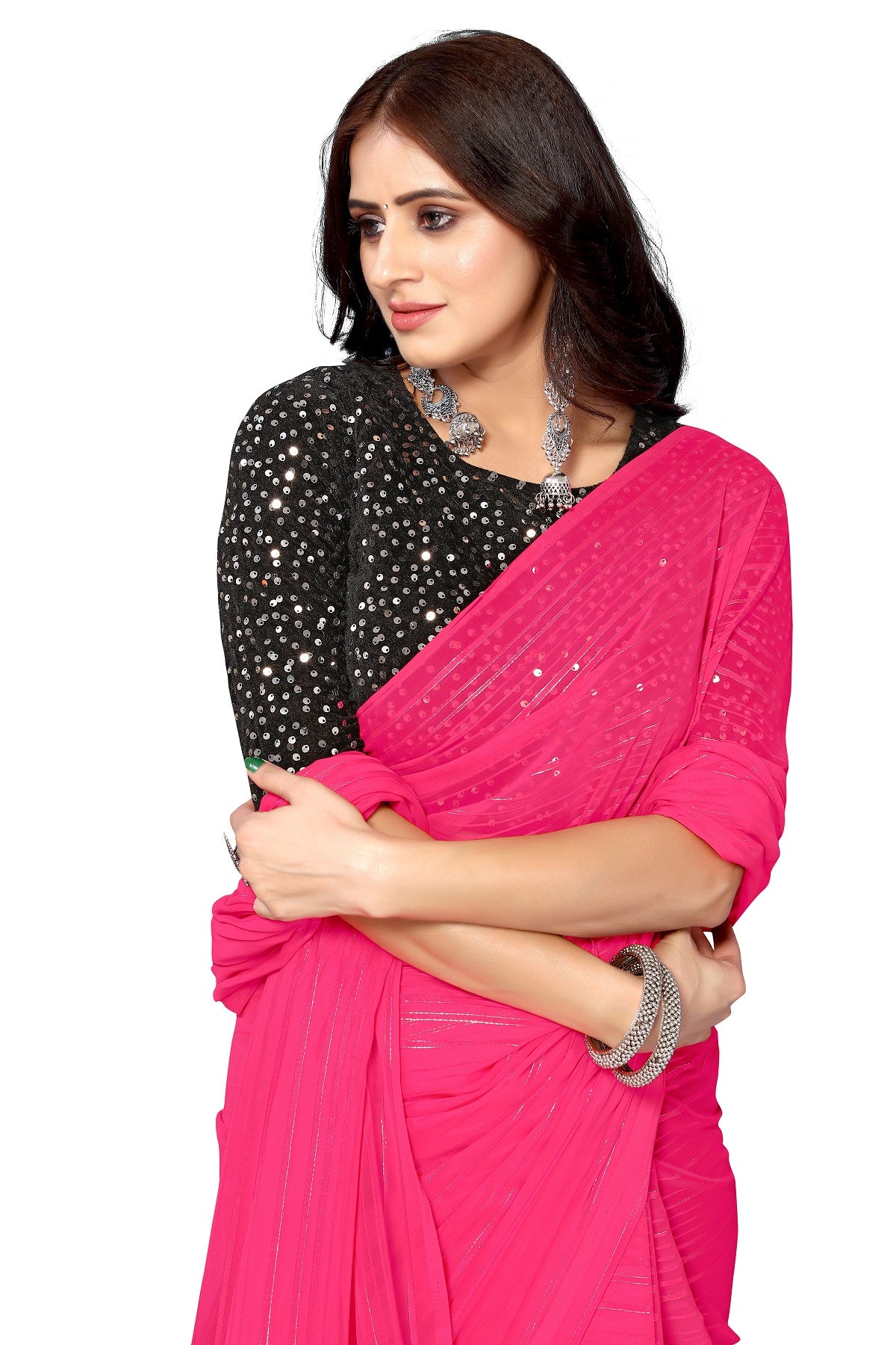 Vamika Georgette Sequence Work Hot Pink Bollywood Style Saree - Distacart
