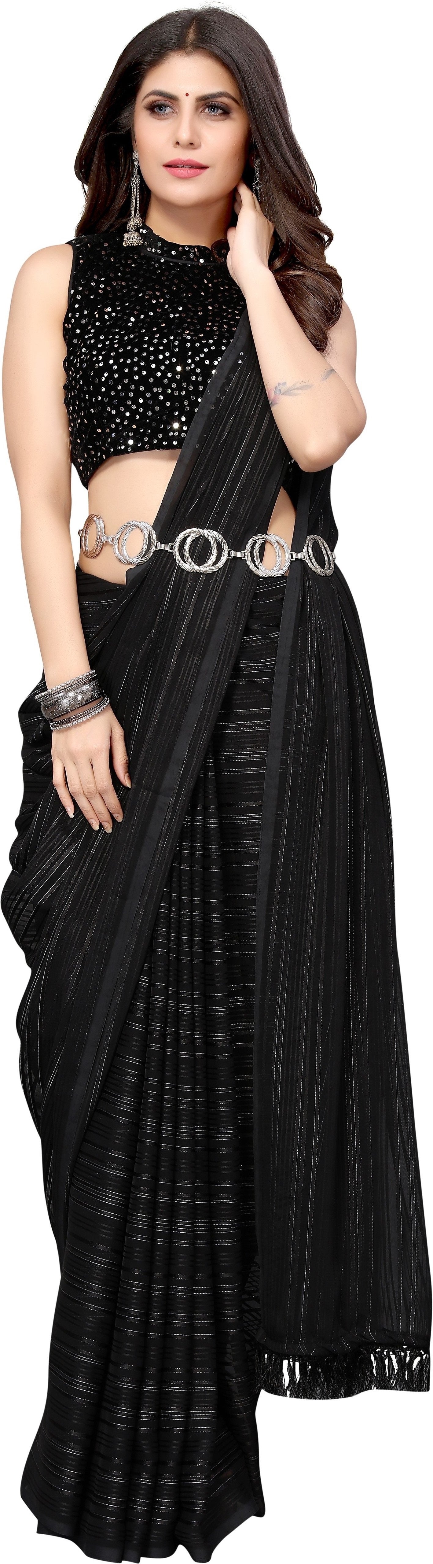 Vamika Georgette With Sequence Black Light Weight Trendy Look Bollywood Style Saree - Distacart