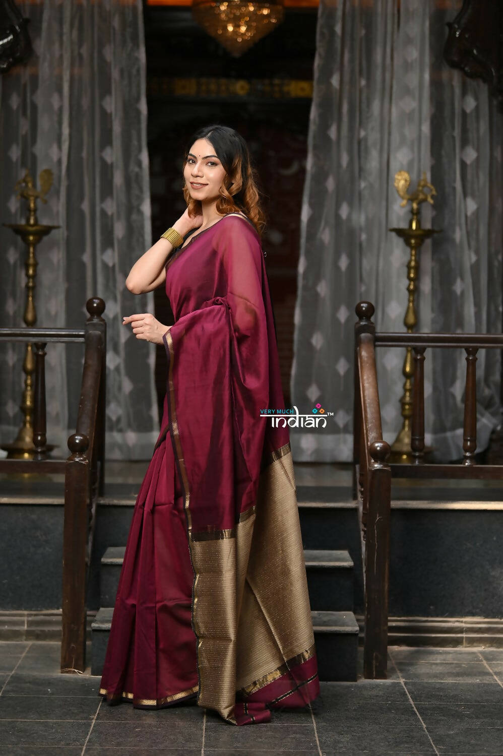 Very Much Indian VMI Exclusive Designer! Handloom Cotton Silk Saree With Sleek Golden Border - Maroon Shade - Distacart