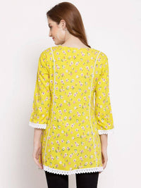 Thumbnail for Myshka Women's Yellow Cotton 3/4 Sleeve Round Neck Printed Casual Tunic