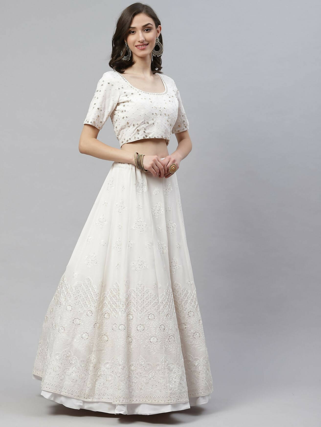 White Georgette Thread with Sequins Embroidered work Lehenga Choli with Dupatta - Jivika - Distacart