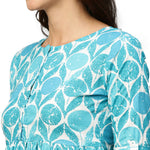 Thumbnail for Blue & White Ethnic Motifs Printed Cotton A-Line Dress - Poonam - Distacart