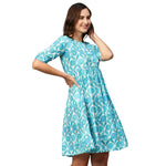 Thumbnail for Blue & White Ethnic Motifs Printed Cotton A-Line Dress - Poonam - Distacart
