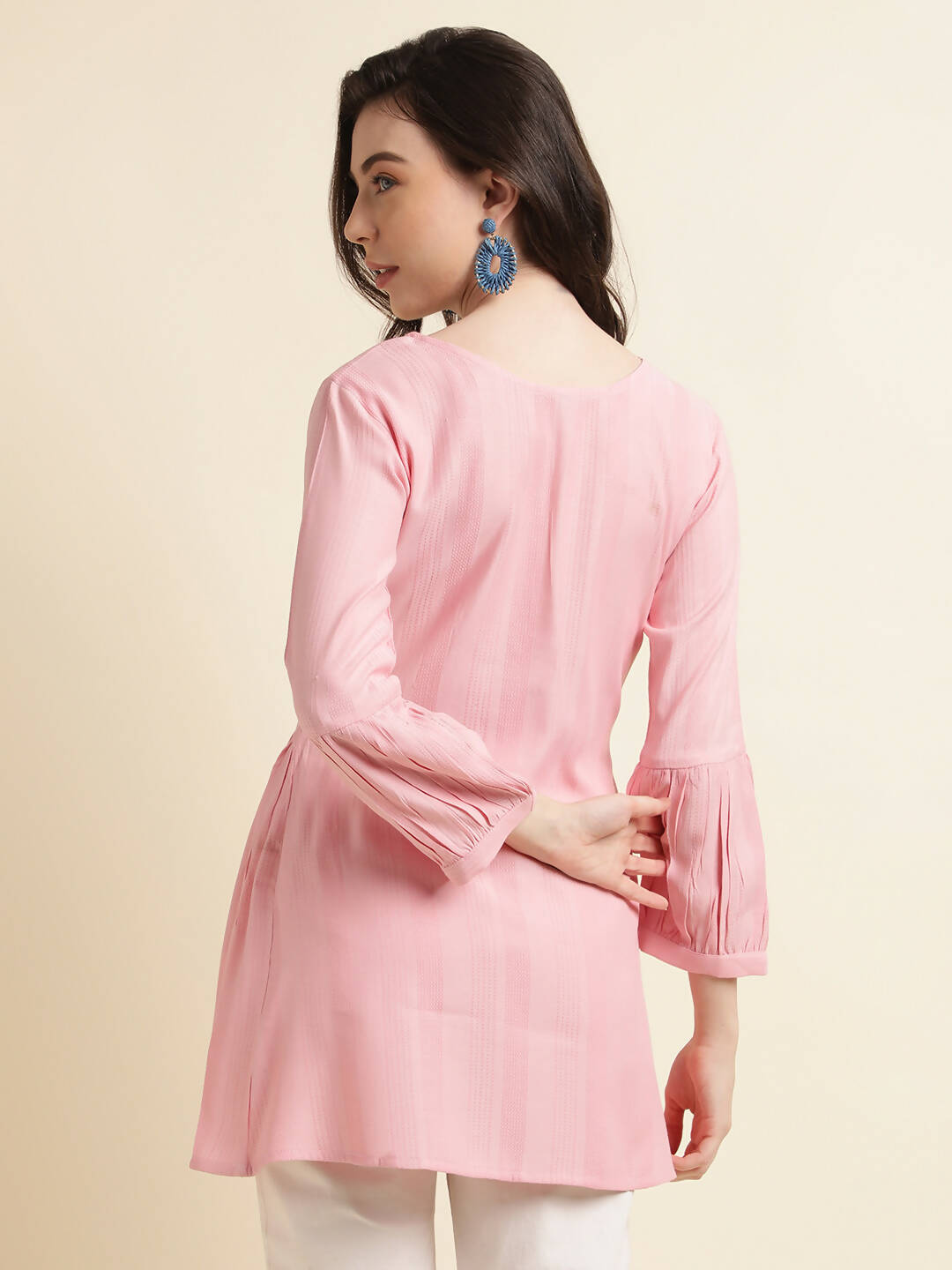Pink Viscose Rayon Yoke Embroidered A-line Top - Tarini - Distacart