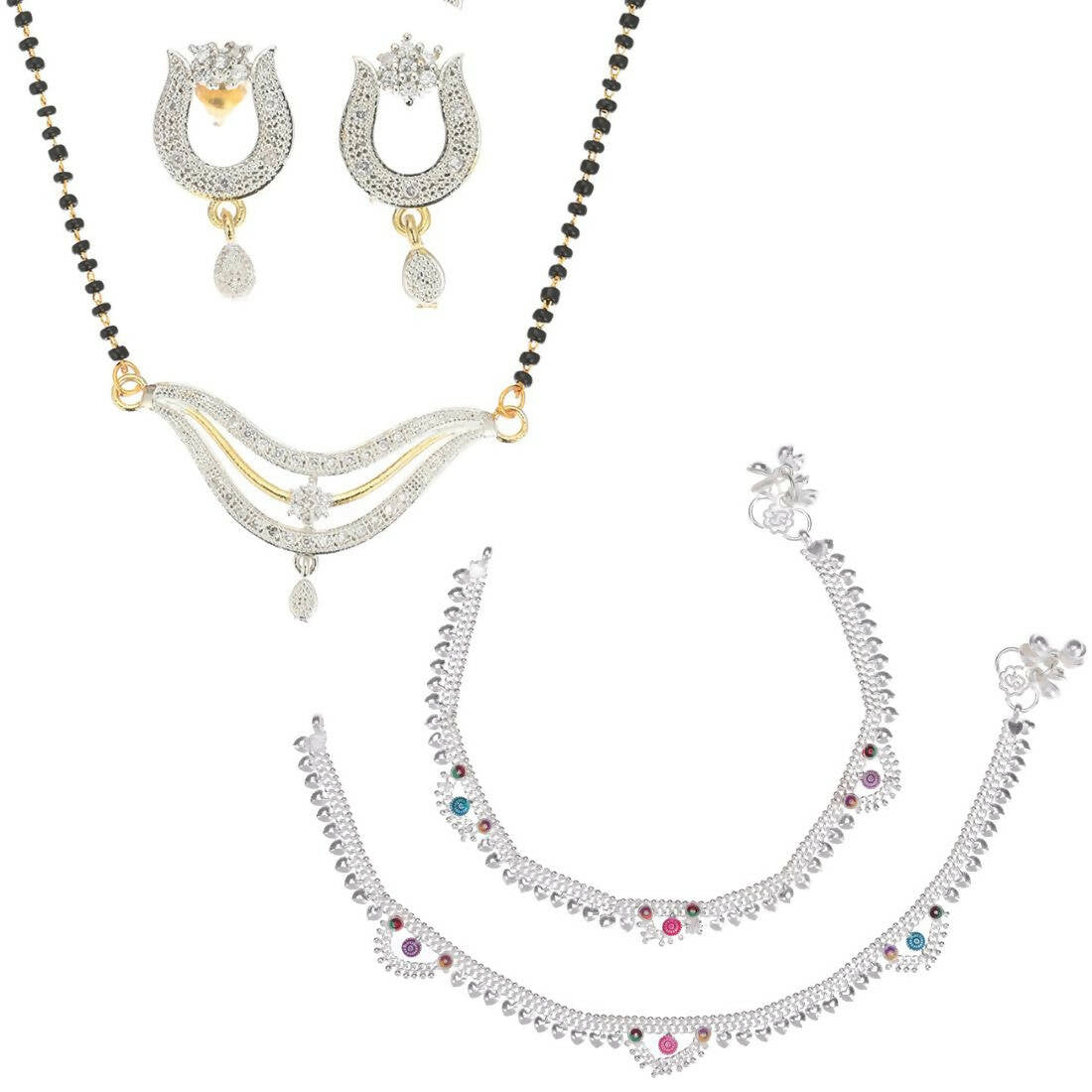 AanyaCentric Gold-plated Mangalsutra Pendant Earring Set & Silver Plated Anklet - Distacart