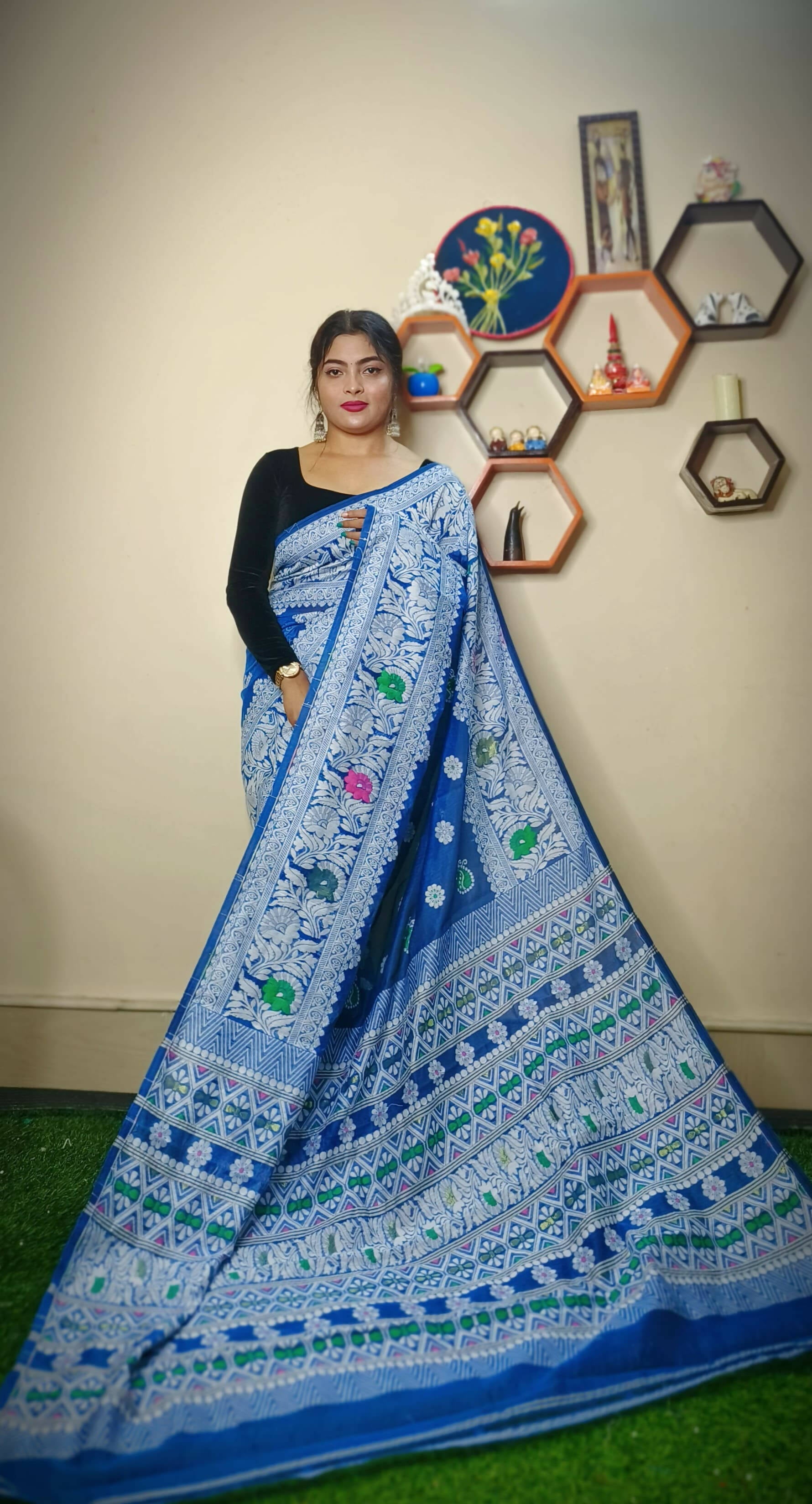 Exclusive Collection Handloom Dhakai Jamdani Saree - Steel Blue - Distacart
