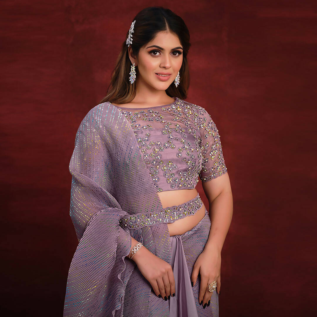 Purple Crepe Satin Silk Sequence Thread & Stone Work/ Texture Pallu Saree - Mohmanthan Kimiya - Distacart