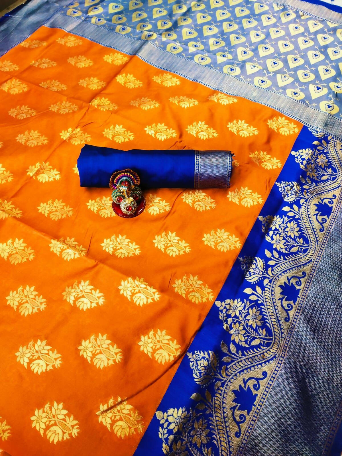 DEIANA'S Beautiful Golden Jari with New Design Soft Lichi Silk Saree - Orange - Distacart