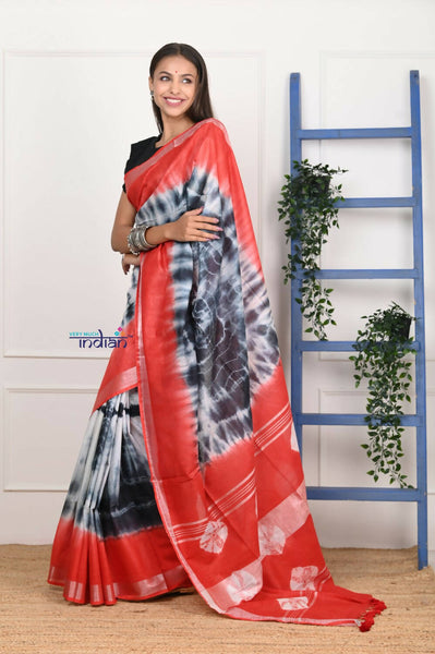 Very Much Indian Handmade Tie And Dye Cotton Saree By Women Weavers - Black Red - Distacart