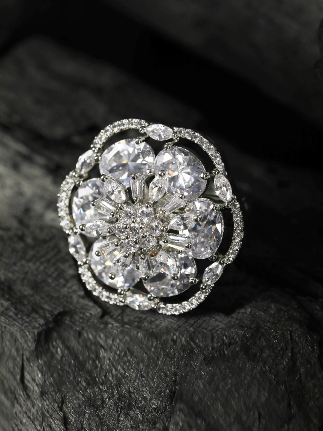 Priyaasi Women American Diamond Silver Plated Spherical Ring - Distacart
