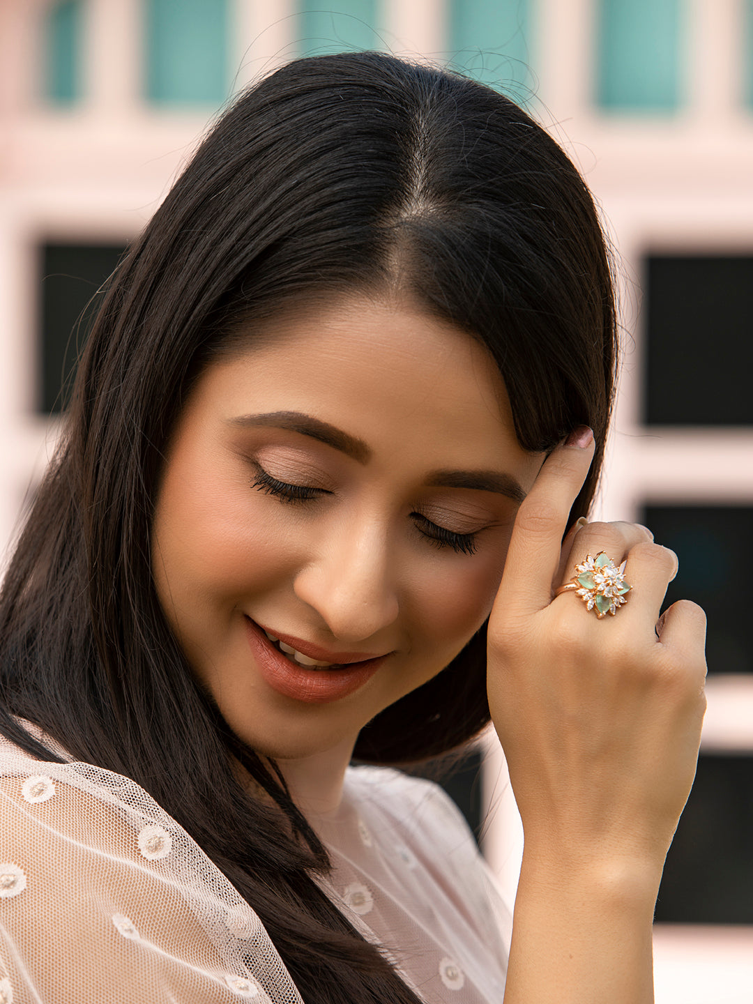 Priyaasi Women Contemporary Mint Green American Diamond Rose Gold Ring - Distacart
