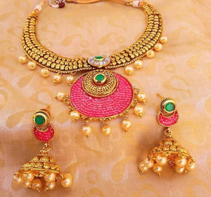 Latest Multicolor Antique Necklace Set with Pearl Drops