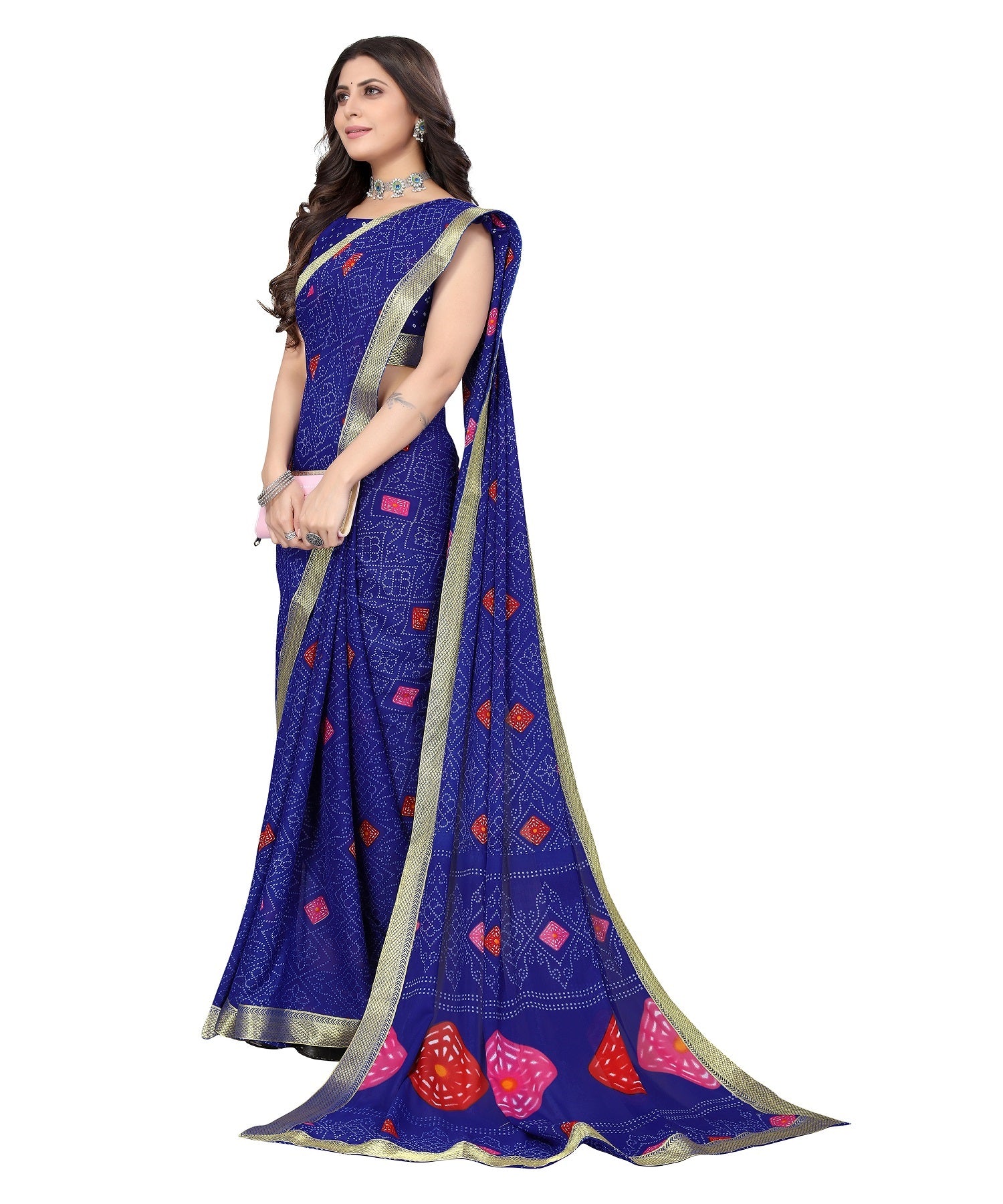 Vamika Blue Georgette Printed With Lace Saree - Distacart