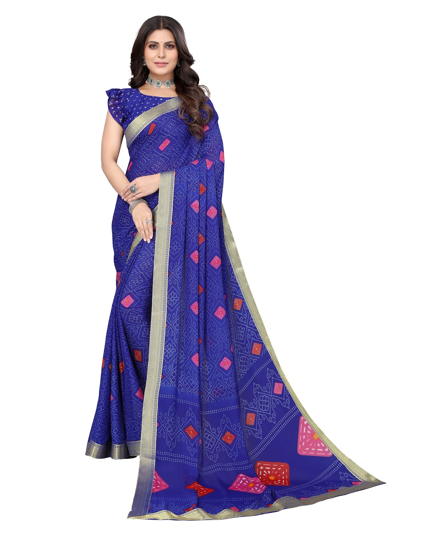 Vamika Blue Georgette Printed With Lace Saree - Distacart