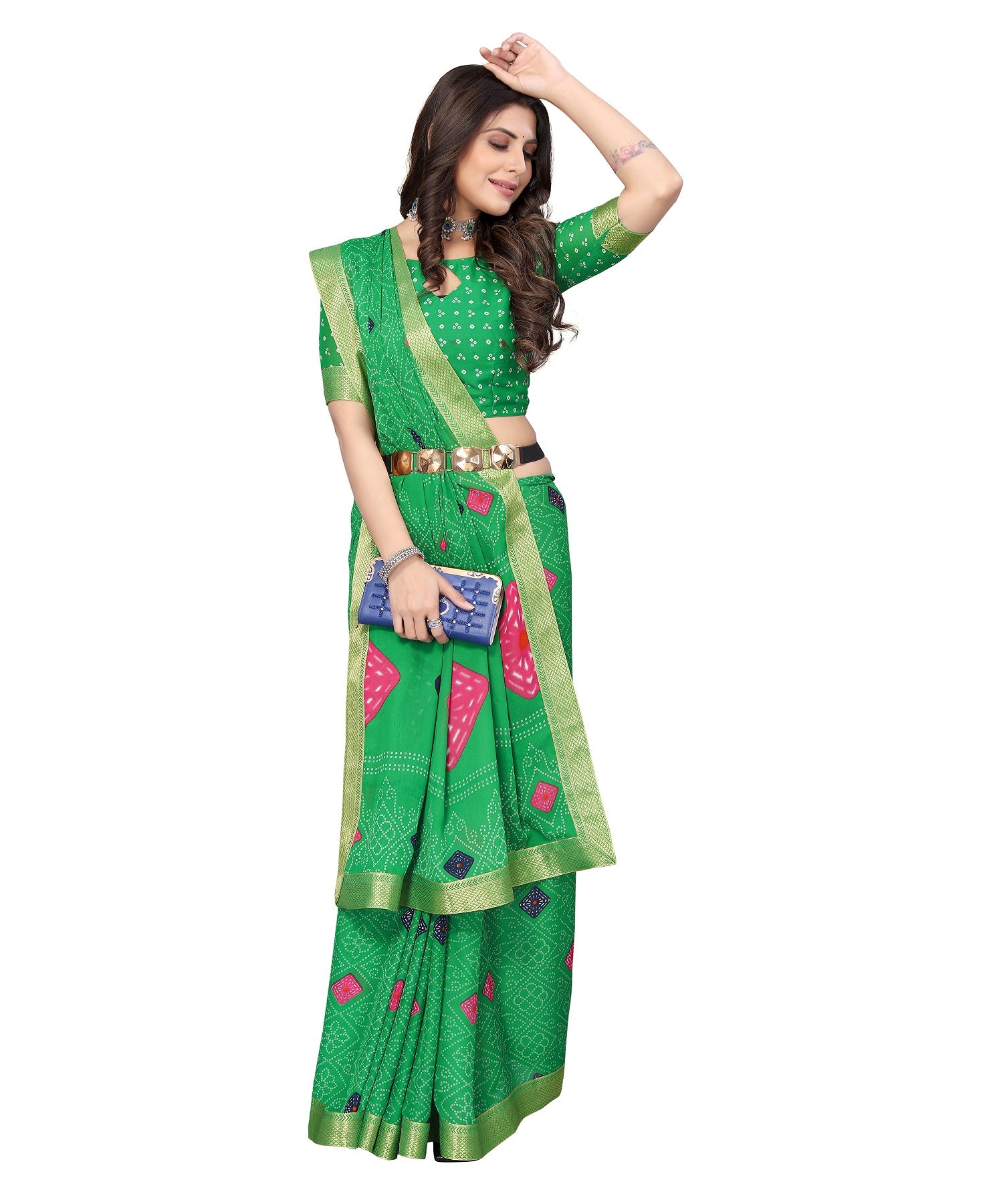 Vamika Green Georgette Printed With Lace Saree - Distacart