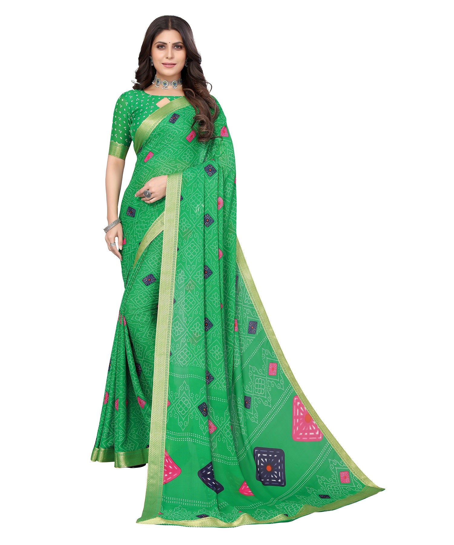 Vamika Green Georgette Printed With Lace Saree - Distacart
