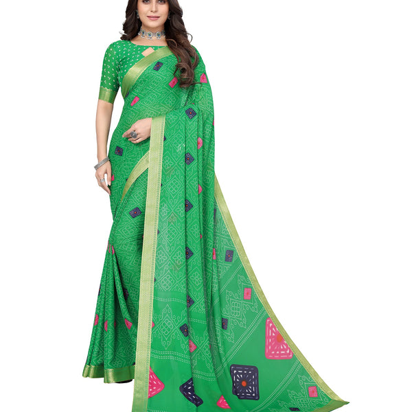 Vamika Green Georgette Printed With Lace Saree - Distacart