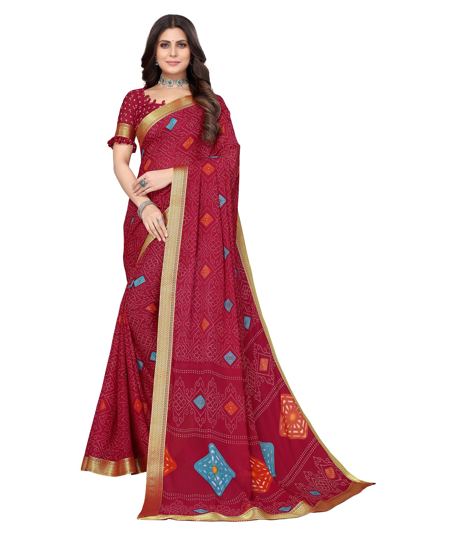 Vamika Maroon Georgette Printed With Lace Saree - Distacart