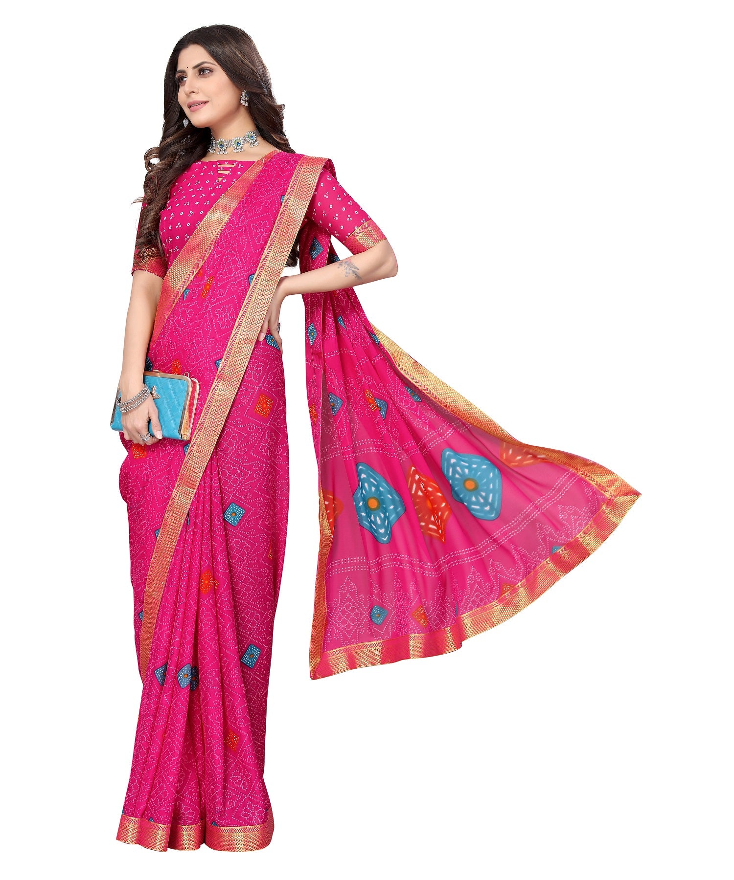 Vamika Pink Georgette Printed With Lace Saree - Distacart